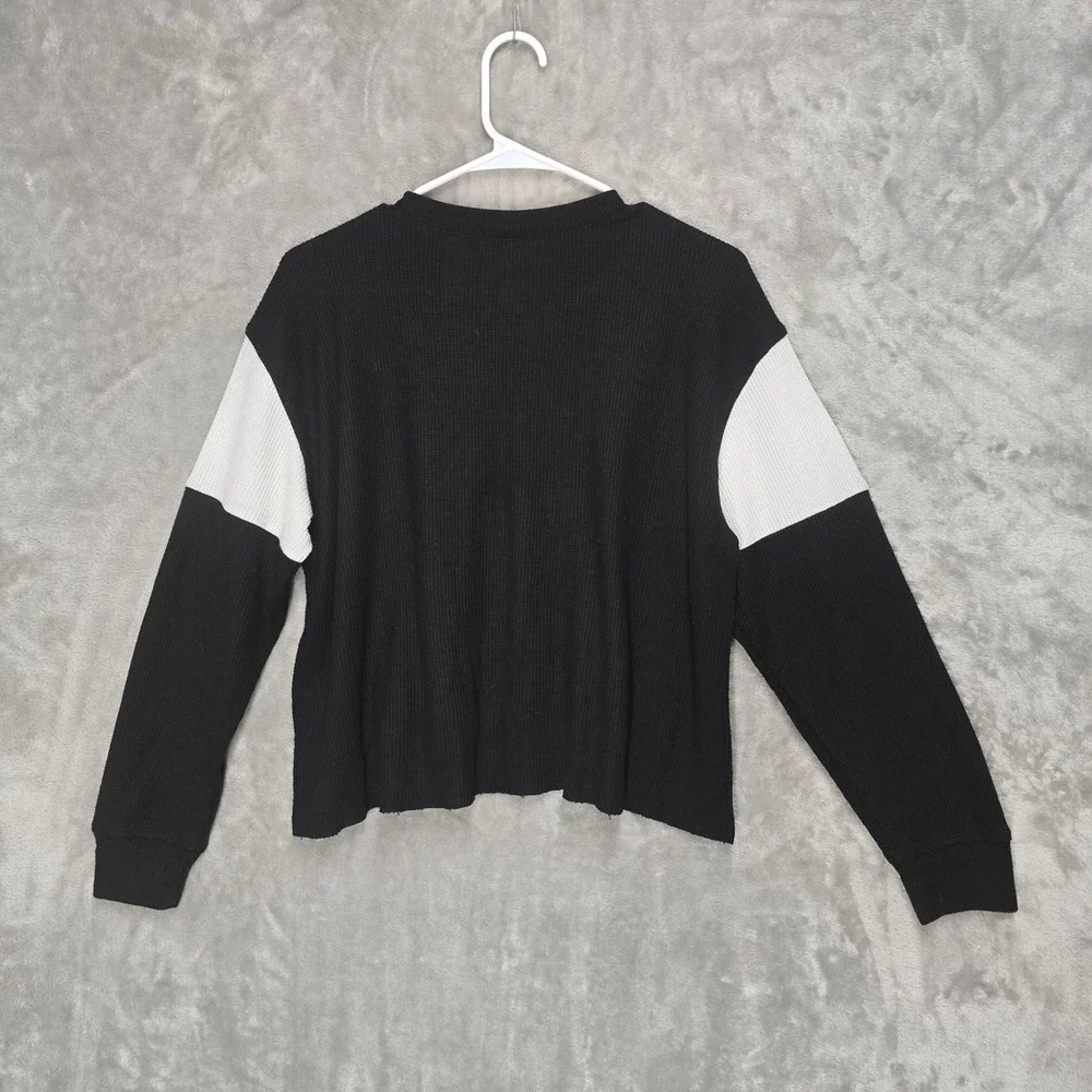 Hollister Womens Black‎ Waffle Knit Boyfriend Tee Long Sleeve Color Block Small